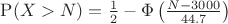 $\mathrm P(X>N)=\frac 12-\Phi\left(\frac{N-3000}{44.7}\right)$