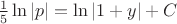 $\frac15 \ln |p|=\ln |1+y| +C$