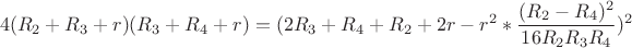 $$4(R_2+R_3+r)(R_3+R_4+r)=(2R_3+R_4+R_2+2r-r^2*\frac{(R_2-R_4)^2}{16R_2R_3R_4})^2$$