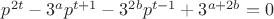 $p^{2t}-3^{a}p^{t+1}-3^{2b}p^{t-1}+3^{a+2b}=0$