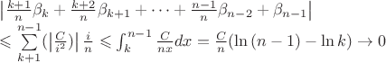 $\left\lvert \frac{k+1}{n}\beta_k +  \frac{k+2}{n}\beta_{k+1}  + \cdots + \frac{n-1}{n}\beta_{n-2} + \beta_{n-1} \right\rvert $

$\leqslant \sum\limits_{k+1}^{n-1}(\left\lvert \frac{C}{i^2}) \right\rvert \frac{i}{n} 
\leqslant \int_k^{n-1} \frac{C}{nx}dx = \frac{C}{n} (\ln {(n-1)} - \ln {k}) \rightarrow 0 $