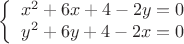 $$\left\{
\begin{array}{rcl}
x^2+6x+4-2y=0 \\
y^2+6y+4-2x=0 \\
\end{array}
\right.$$ $$\left\{
\begin{array}{rcl}
x^2+6x+4-2y=0 \\
y^2+6y+4-2x=0 \\
\end{array}
\right.$$