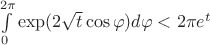 $\int\limits_{0}^{2\pi}\mathrm{exp}(2\sqrt{t}\cos\varphi)d\varphi<2\pi e^t$