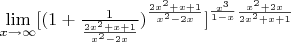 $\lim\limits_{x\to\infty}[(1+\frac{1}{\frac{2x^2+x+1}{x^2-2x}})^{\frac{2x^2+x+1}{x^2-2x}}]^{\frac{x^3}{1-x}\frac{x^2+2x}{2x^2+x+1}}$