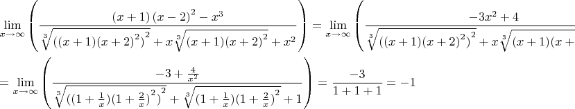 $$\[\begin{gathered}
  \mathop {\lim }\limits_{x \to \infty } \left( {\frac{{\left( {x + 1} \right){{\left( {x - 2} \right)}^2} - {x^3}}}{{\sqrt[3]{{{{((x + 1){{(x + 2)}^2})}^2}}} + x\sqrt[3]{{(x + 1){{(x + 2)}^2}}} + {x^2}}}} \right) = \mathop {\lim }\limits_{x \to \infty } \left( {\frac{{ - 3{x^2} + 4}}{{\sqrt[3]{{{{((x + 1){{(x + 2)}^2})}^2}}} + x\sqrt[3]{{(x + 1){{(x + 2)}^2}}} + {x^2}}}} \right) =  \hfill \\
   = \mathop {\lim }\limits_{x \to \infty } \left( {\frac{{ - 3 + \frac{4}{{{x^2}}}}}{{\sqrt[3]{{{{((1 + \frac{1}{x}){{(1 + \frac{2}{x})}^2})}^2}}} + \sqrt[3]{{(1 + \frac{1}{x}){{(1 + \frac{2}{x})}^2}}} + 1}}} \right) = \frac{{ - 3}}{{1 + 1 + 1}} =  - 1 \hfill \\ 
\end{gathered} \]$$