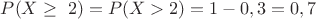 $P(X \geq \ 2)= P(X > 2)=1-0,3=0,7$