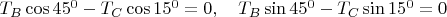 $T_{B}\cos45^{0}-T_{C}\cos15^{0}=0,\quad 
T_{B}\sin45^{0}-T_{C}\sin15^{0}=0$
