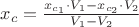 $x_c=\frac {x_{c_1}\cdot V_1-x_{c_2}\cdot V_2}{V_1-V_2}$