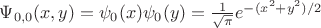 $\Psi_{0,0}(x,y)=\psi_0(x)\psi_0(y)=\frac{1}{\sqrt{\pi}}e^{-(x^2+y^2)/2} $
