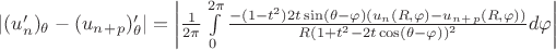 $ \left\lvert (u_n')_\theta-(u_n_+_p)'_\theta \right\rvert = \left\lvert \frac{1}{2\pi}\int\limits_{0}^{2\pi}\frac{-(1-t^2)2t\sin(\theta-\varphi)(u_n(R, \varphi)-u_n_+_p(R, \varphi))}{R(1+t^2-2t\cos(\theta-\varphi))^2}d\varphi \right\rvert  $