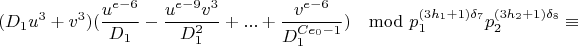 $$(D_1u^3+v^3)(\frac{u^{e-6}}{D_1}-\frac{u^{e-9}v^3}{D_1^2}+...+\frac{v^{e-6}}{D_1^{Ce_0-1}})\mod p_1^{(3h_1+1)\delta_7}p_2^{(3h_2+1)\delta_8}\equiv$$