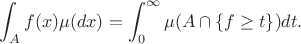 $$
\int_A f(x) \mu(dx) = \int_0^\infty \mu(A\cap \{f\ge t\})dt.
$$