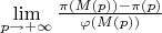 $\lim\limits_{p \to +\infty} \frac{\pi (M(p)) - \pi (p)}{\varphi (M(p))}$
