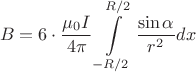 \[
B = 6 \cdot \frac{{\mu _0 I}}
{{4\pi }}\int\limits_{ - {R \mathord{\left/
 {\vphantom {R 2}} \right.
 \kern-\nulldelimiterspace} 2}}^{{R \mathord{\left/
 {\vphantom {R 2}} \right.
 \kern-\nulldelimiterspace} 2}} {\frac{{\sin \alpha }}
{{r^2 }}dx} 
\]