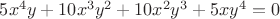 $ 5x^4y + 10x^3y^2 + 10x^2y^3 + 5xy^4 = 0$
