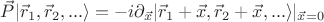 $\vec{P}|\vec{r}_1,\vec{r}_2,...\rangle=-i\partial_{\vec{x}}|\vec{r}_1+\vec{x},\vec{r}_2+\vec{x},...\rangle|_{\vec{x}=0}$