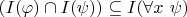 $(I(\varphi) \cap I(\psi))  \subseteq I(\forall x~\psi)$