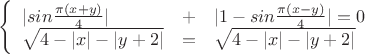 \left\{
	\begin{array}{lll}
|sin\frac{\pi(x+y)}4|&+&|1-sin\frac{\pi(x-y)}4|=0\\
\sqrt{4-|x|-|y+2|}&=&\sqrt{4-|x|-|y+2|}
	\end{array}
	\right.