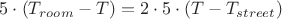 $5 \cdot (T_{room} - T) = 2 \cdot 5\cdot (T -T_{street})$