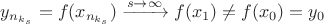 $y_{n_{k_s}}=f(x_{n_{k_s}})\xrightarrow{s\to\infty}f(x_1)\neq f(x_0)=y_0$