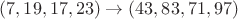 $(7,19,17,23)\to (43,83,71,97)$
