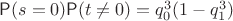 $\mathsf P(s=0)\mathsf P(t\neq 0)=q_0^3(1-q_1^3)$