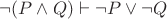 $\neg (P \land Q)\vdash \neg P \lor \neg Q$