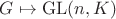 $G \mapsto \mathrm{GL}(n, K)$