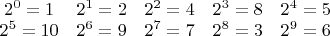 $\begin{array}{ccccc}
2^0 = 1 & 2^1 = 2 & 2^2 = 4 & 2^3 = 8 & 2^4 = 5 & 2^5 = 10 & 2^6 = 9 & 2^7 = 7 & 2^8 = 3 & 2^9 = 6 \\
\end{array}$