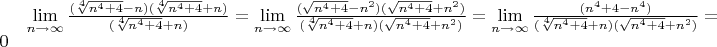 $\lim \limits_{n\to\infty}\frac{ (\sqrt[4]{n^4+4}-n)(\sqrt[4]{n^4+4}+n) }{(\sqrt[4]{n^4+4}+n) }=\lim \limits_{n\to\infty}\frac{(\sqrt{n^4+4}-n^2)(\sqrt{n^4+4}+n^2)}{(\sqrt[4]{n^4+4}+n) (\sqrt{n^4+4}+n^2)}=\lim \limits_{n\to\infty}\frac{(n^4+4-n^4)}{(\sqrt[4]{n^4+4}+n) (\sqrt{n^4+4}+n^2)}=0$