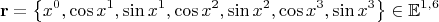 $${\mathbf{r}} = \left\{ {x^0 ,\cos x^1 ,\sin x^1 ,\cos x^2 ,\sin x^2 ,\cos x^3 ,\sin x^3 } \right\} \in \mathbb{E}^{1,6}  $$
