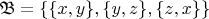 $\mathfrak{B}=\lbrace\lbrace x,y\rbrace, \lbrace y,z\rbrace, \lbrace z,x\rbrace\rbrace$