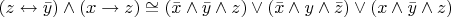 $(z\leftrightarrow\bar{y})\wedge(x\rightarrow z)\cong(\bar{x}\wedge\bar{y}\wedge z)\vee(\bar{x}\wedge y\wedge\bar{z})\vee(x\wedge\bar{y}\wedge z)$