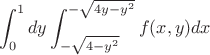 $$\int^1_0 dy \int^{-\sqrt{4y-y^2}}_{-\sqrt{4-y^2}} f(x,y) dx $$