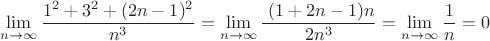 $$\lim_{n\to \infty} \frac{\(1^2+3^2+(2n-1)^2}{n^3}=\lim_{n\to \infty} \frac{\ (1+2n-1)n}{2n^3}=\lim_{n\to \infty} \frac{\(1}{n}=0$$