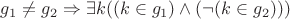 $g_1\neq g_2\Rightarrow \exists k ((k\in g_1)\wedge (\neg(k\in g_2)))$