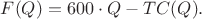 $F(Q)=600\cdot Q - TC(Q).$