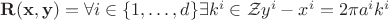 $\mathbf{R(x,y)}=\forall i\in\{1,\dots,d\}\exists k^i \in \mathcal{Z} y^i-x^i= 2\pi a^i k^i$ $\mathbf{R(x,y)}=\forall i\in\{1,\dots,d\}\exists k^i \in \mathcal{Z} y^i-x^i= 2\pi a^i k^i$