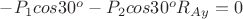 $-P_1 cos 30^o & -P_2 cos 30^o & R_{Ay} = 0$