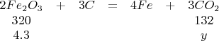 $$\begin{array}{ccccccc}
 2Fe_2O_3&+&3C&=& 4Fe &+& 3CO_2\\
320&&&&&& 132\\
4.3&&&&&& y
\end{array} $$