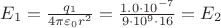 $E_1=\frac{q_1}{4\pi\varepsilon_0r^2}=\frac{1.0\cdot10^{-7}}{9\cdot10^9\cdot16}=E_2$