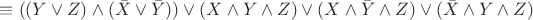 $\equiv ((Y \vee Z) \wedge (\bar{X} \vee \bar{Y})) \vee (X \wedge Y \wedge Z) \vee (X \wedge \bar{Y} \wedge Z) \vee (\bar{X} \wedge Y \wedge Z)$