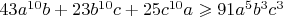 $43a^{10}b+23b^{10}c+25c^{10}a\geqslant91a^5b^3c^3$
