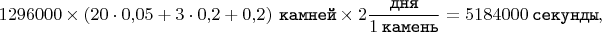 $$1296000 \times \left(20 \cdot 0, \mkern -3mu 05 + 3 \cdot 0,\mkern -3mu 2 + 0, \mkern -3mu 2\right) \mkern 4mu \texttt{камней} \times 2\dfrac{\texttt{дня}}{1 \mkern 4mu \texttt{камень}} = 5184000 \mkern 4mu \texttt{секунды},$$