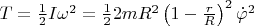 $T=\frac 1 2 I\omega^2=\frac 1 2 2mR^2 \left(1-\frac r R\right)^2\dot{\varphi}^2$