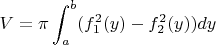 $V=\pi\displaystyle\int_a^b(f_1^2(y)-f_2^2(y))dy$