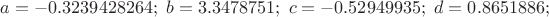 $a=-0.3239428264;\ b=3.3478751;\ c=-0.52949935;\ d=0.8651886;$
