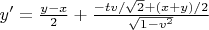 $y'=\frac {y - x}2+\frac {-tv/\sqrt 2 +(x + y)/2}{\sqrt{1 - v^2}}$