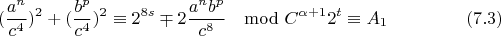 $$(\frac{a^n}{c^4})^{2}+(\frac{b^p}{c^4})^{2}\equiv 2^{8s}\mp 2\frac{a^nb^p}{c^{8}}\mod C^{\alpha+1}2^t \equiv A_1 \eqno(7.3)$$
