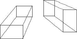 $$\shorthandoff{"}\begin{xy} /r1cm/:
    {\xypolygon4"F"{~:{(0,.6)::}}},+(.8,1.3),
    {\xypolygon4"B"{~:{(.7,0):(0,.7)::}}},
    "F1";"B1"**@{-},"F2";"B2"**@{-},
    "F3";"B3"**@{-},"F4";"B4"**@{-}
\end{xy}
\qquad
\begin{xy} /1cm/:
    {\xypolygon4"F"{~:{(0,.6)::}}},+(.8,1.3),
    {\xypolygon4"B"{~:{(.7,0):(0,.7)::}}},
    "F1";"B1"**@{-},"F2";"B2"**@{-},
    "F3";"B3"**@{-},"F4";"B4"**@{-}
\end{xy}\shorthandon{"}$$
